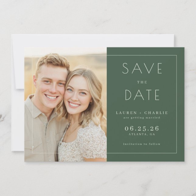 Joyful Green Minimalist Photo Save The Date (Front)