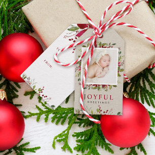 Joyful Greenery Custom Photo Merry Christmas Gift Tags