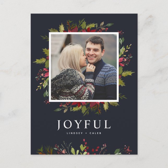 Joyful Greenery | Editable Colours Photo Holiday Postcard (Front)