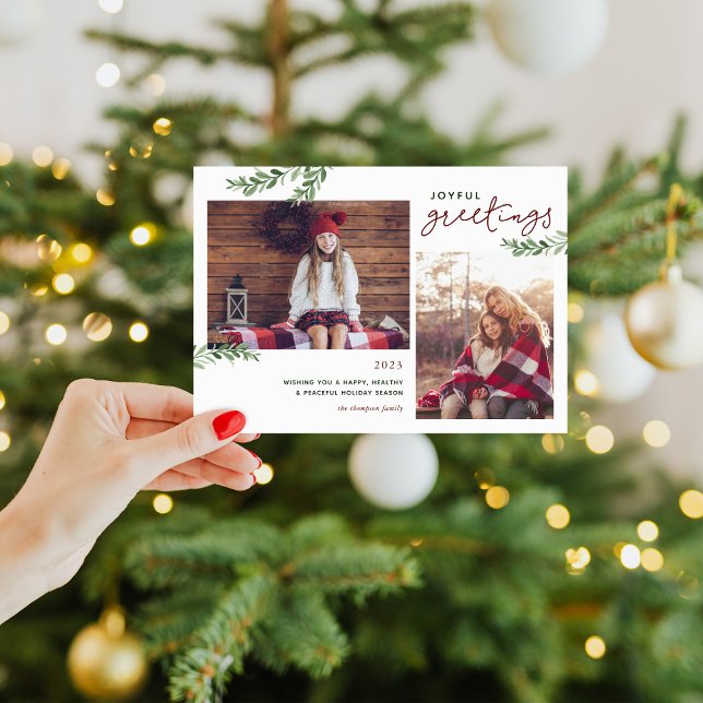 Joyful Greetings | Greenery Branches 2 Photo Holiday Card (Creator Uploaded)