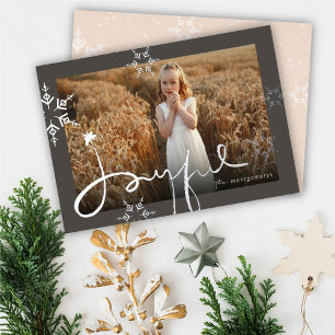 Joyful Hand-Drawn Script Geometric Snowflake Photo Foil Holiday Card