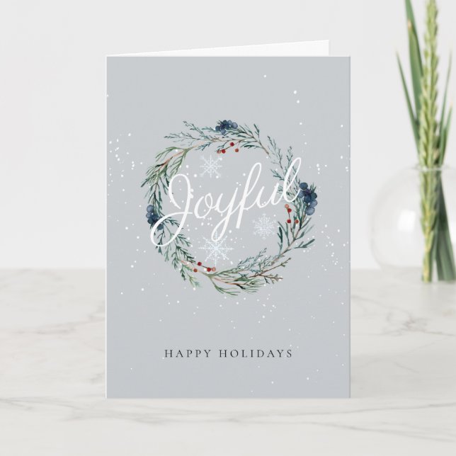 Joyful Happy Holidays Winter Wreath Snow Christmas Holiday Card (Front)