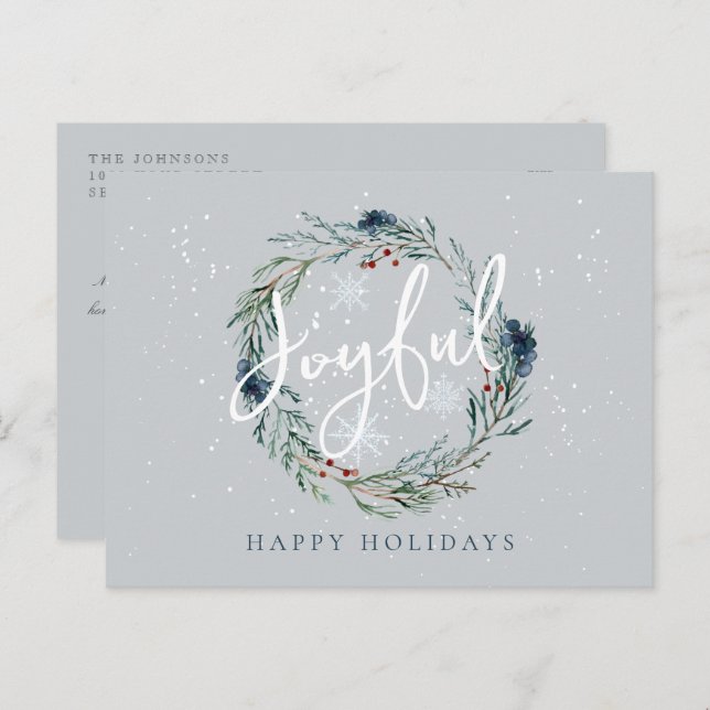 Joyful Happy Holidays Winter Wreath Snow Christmas Postcard (Front/Back)