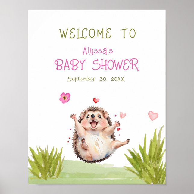 Joyful Hedgehog Garden Party Baby Shower Welcome Poster (Front)