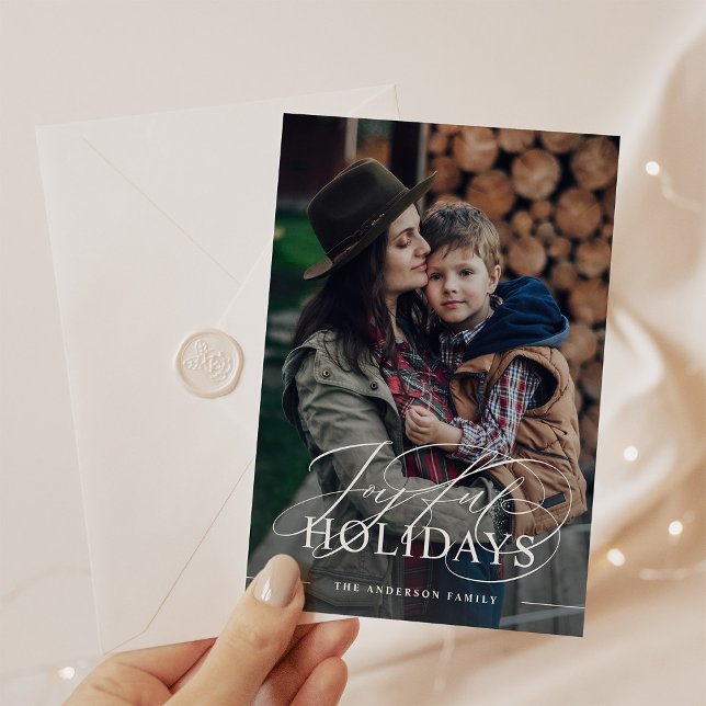 Joyful Holidays | Elegant Script Photo Merlot Red Holiday Card (Creator Uploaded)