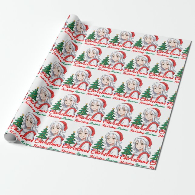 Joyful kawaii girl - Christmas Holiday Anime Wrapping Paper (Unrolled)