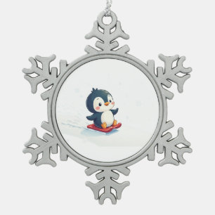 Joyful Kawaii Penguin Sledding Christmas Snowflake Pewter Christmas Ornament