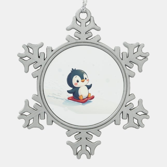Joyful Kawaii Penguin Sledding Christmas Snowflake Pewter Christmas Ornament (Front)