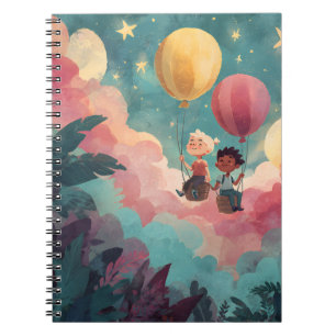 Joyful Kids Floating in Starry Hot Air Balloons Notebook