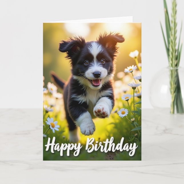 Joyful Leaping Pup Birthday Card (Front)