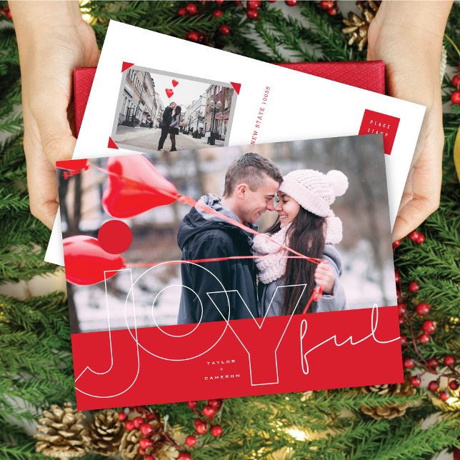 Joyful Lines Big Red Dot Modern Typography Photo Holiday Postcard (Creator Uploaded)