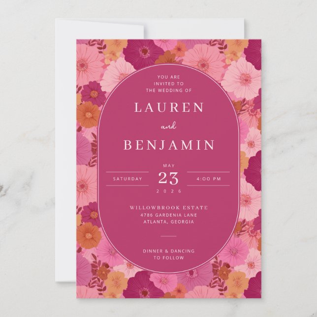Joyful Magenta Floral Wedding Invitation (Front)