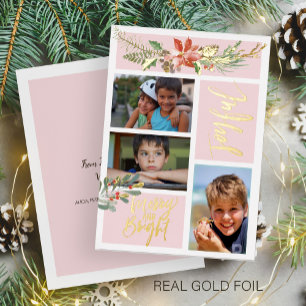 Joyful Merry and Bright Christmas photo blush gold Foil Holiday Card
