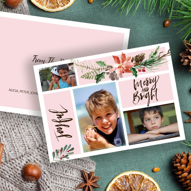 Joyful Merry and Bright photo collage blush floral Holiday Card (Creator Uploaded)