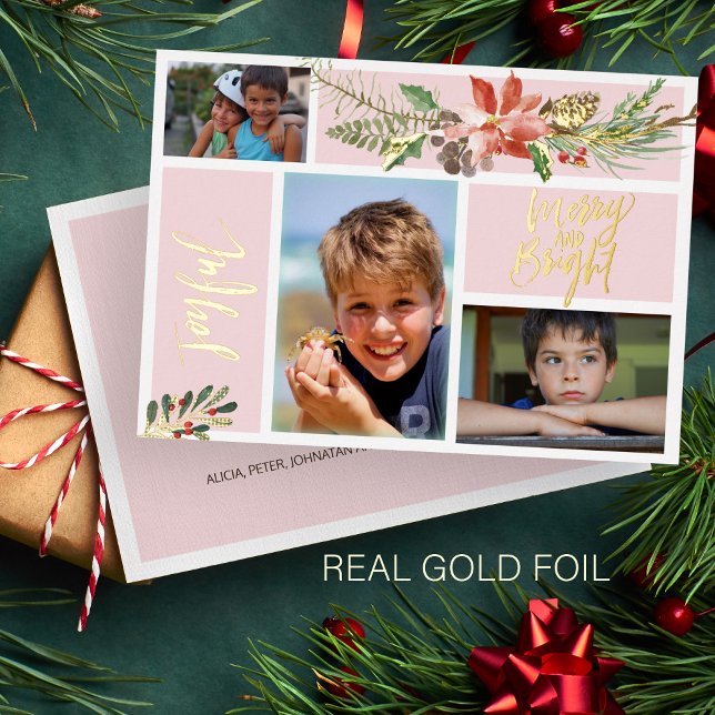 Joyful Merry and Bright photo collage gold blush Foil Holiday Card (Creator Uploaded)