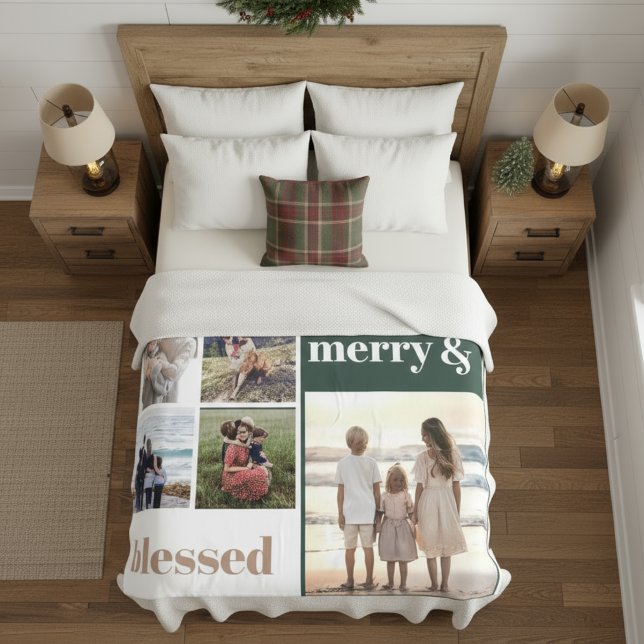 Joyful Merry Blessed Family Christmas Photo Green Fleece Blanket (Creator Uploaded)