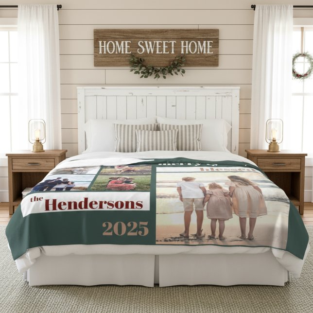 Joyful Merry Blessed Family Christmas Photo Green Fleece Blanket (Creator Uploaded)