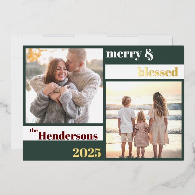Joyful Merry Blessed Family Christmas Photo Green Foil Holiday Card (Envelope)