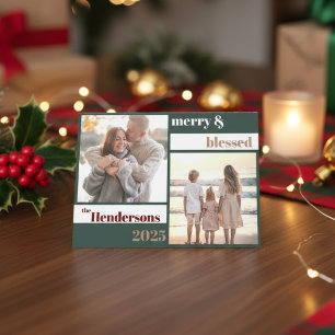 Joyful Merry Blessed Family Christmas Photo Green Holiday Card