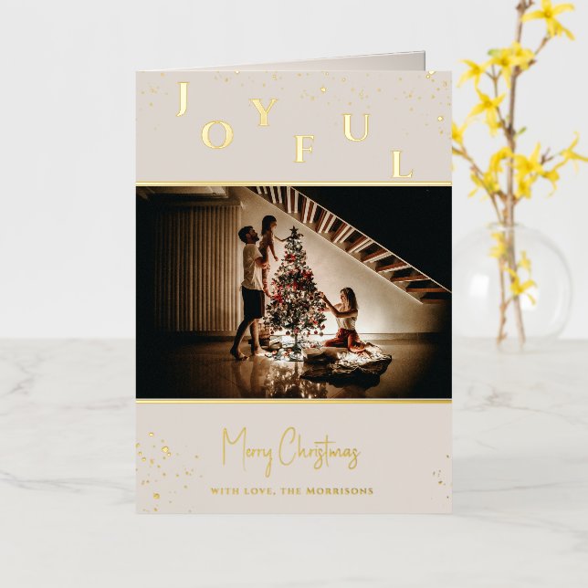 Joyful | Merry Christmas | Family Photo Gold Foil Greeting Card (Yellow Flower)