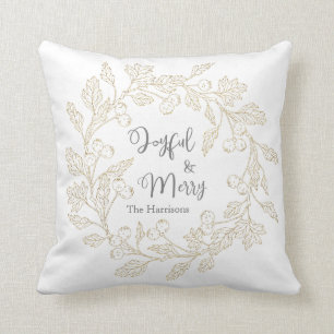 Joyful Merry Gold Winter Berries Wreath Christmas Cushion