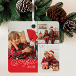 Joyful Minimal Photo Collage Present Ribbon Red Metal Tree Decoration<br><div class="desc">A beautiful minimal photo collage Christmas ornament. Customise with three of your favourite family photos. Joyful is written in a modern script font along with the year and names on the back. The perfect gift to give to your family this holiday season. Designed by Moodthology papery</div>