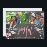 Joyful Mistletoe 2 Photo Collage Chalkboard Holiday Card<br><div class="desc">Dark grey charcoal chalkboard,  light grey and blush pink foliage mistletoe,  and a "Joyful" hand lettering chic calligraphy making a modern rustic inspired Christmas photo collage card.            Personalize it with two custom landscape oriented photos and your signature!</div>