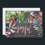 Joyful Mistletoe 2 Photo Collage Chalkboard Holiday Card<br><div class="desc">Dark grey charcoal chalkboard,  light grey and blush pink foliage mistletoe,  and a "Joyful" hand lettering chic calligraphy making a modern rustic inspired Christmas photo collage card.            Personalize it with two custom landscape oriented photos and your signature!</div>