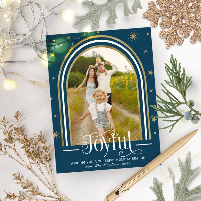 Joyful Modern Arch Frame Family Photo Blue Holiday Postcard (Creator Uploaded)