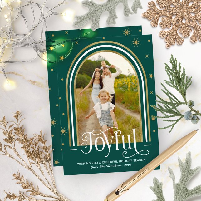 Joyful Modern Arch Frame Family Photo Green Holiday Card (Creator Uploaded)