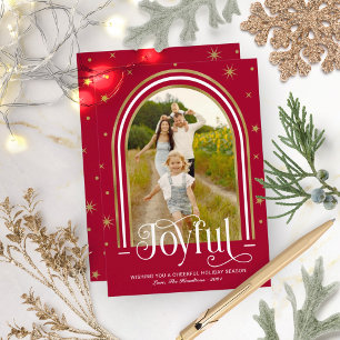 Joyful Modern Arch Frame Family Photo Red Holiday Card
