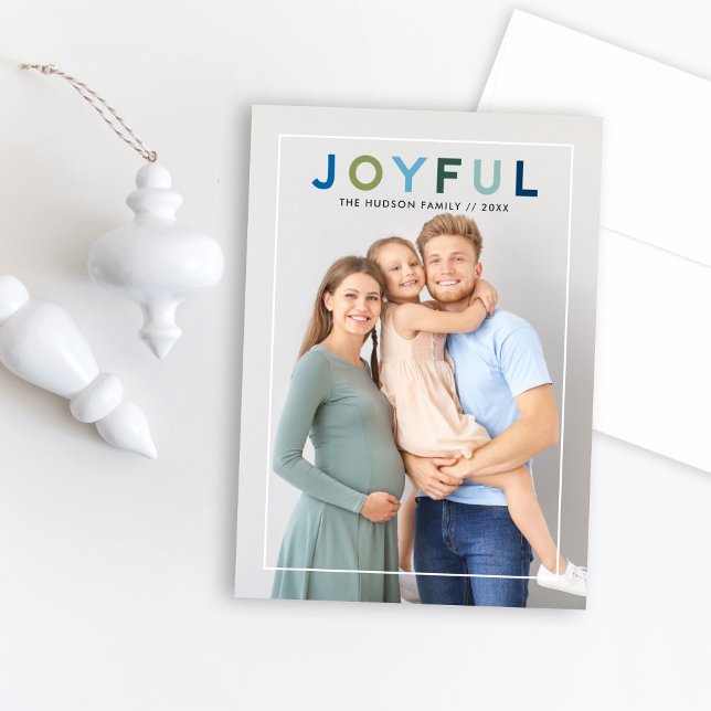 Joyful Modern Blue Green Lettering Photo Holiday Card (Creator Uploaded)