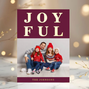 Joyful Modern Burgundy Photo Christmas Gold Foil Holiday Card