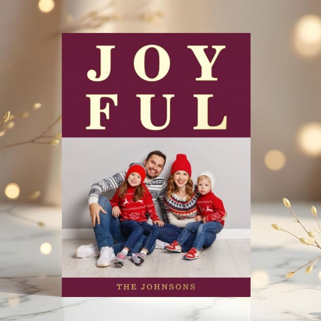 Joyful Modern Burgundy Photo Christmas Gold Foil Holiday Card (Joyful Modern Burgundy Photo Christmas Gold Foil Holiday Card)