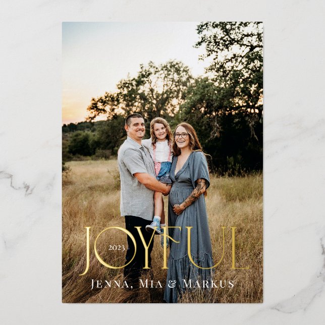 Joyful Modern Christmas Photo Minimal Design Foil Holiday Card (Front)