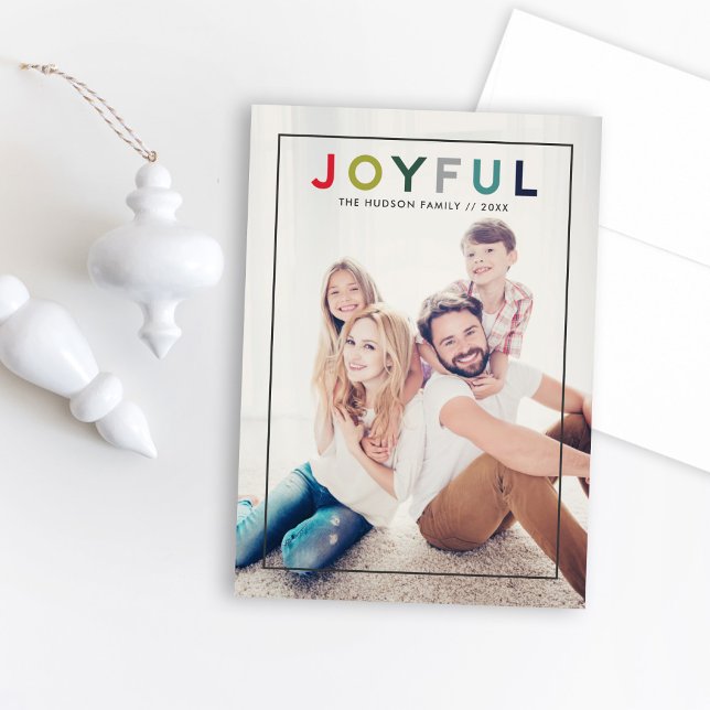 Joyful Modern Colourful Red Green Lettering Photo Holiday Card (Creator Uploaded)