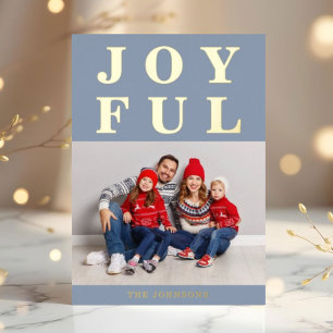 Joyful Modern Dusty Blue Photo Christmas Gold Foil Holiday Card