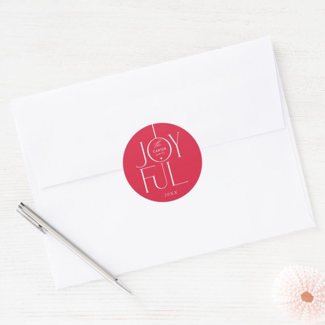 JOYFUL modern elegant typography festive red white Classic Round Sticker (Envelope)