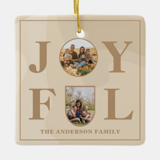 Joyful | Modern Minimalist Beige Arch Two Photo  Ceramic Ornament (Front)