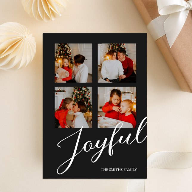 Joyful Modern Minimalist Black Script 4 Photo Holiday Card (Creator Uploaded)