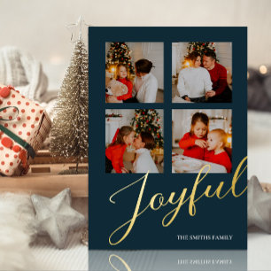 Joyful Modern Minimalist Blue Gold Script Photo Foil Holiday Card