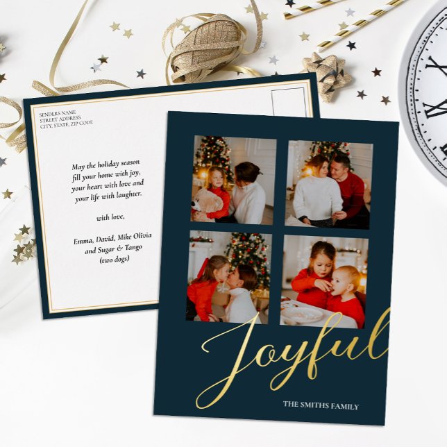 Joyful Modern Minimalist Blue Gold Script Photo Foil Holiday Postcard (Creator Uploaded)