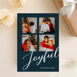 Joyful Modern Minimalist Blue Script 4 Photo Holiday Card