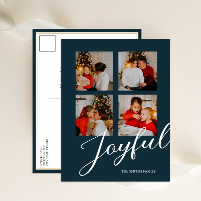 Joyful Modern Minimalist Blue Script 4 Photo Holiday Postcard (Creator Uploaded)
