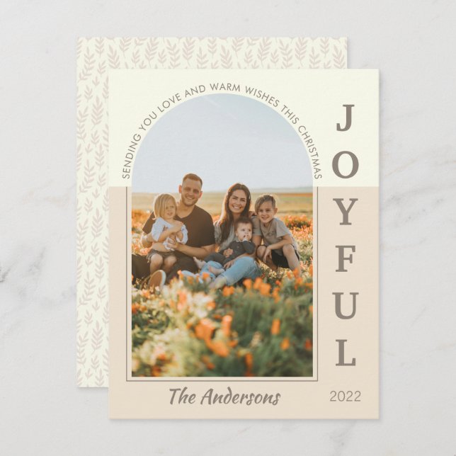 Joyful Modern Minimalist Boho Arch Photo Beige Holiday Card (Front/Back)