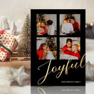 Joyful Modern Minimalist Gold Black Script Photo Foil Holiday Card