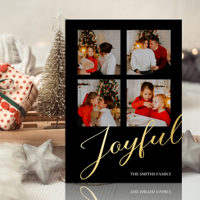 Joyful Modern Minimalist Gold Black Script Photo Foil Holiday Card (Creator Uploaded)