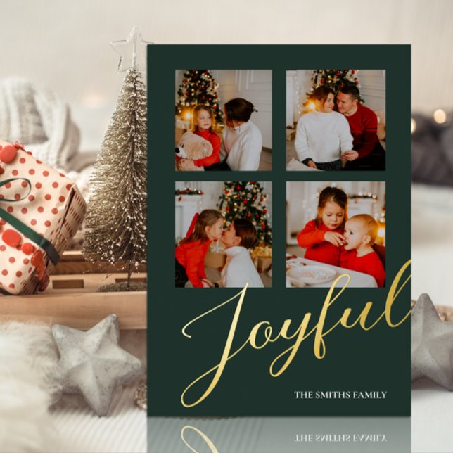 Joyful Modern Minimalist Green Gold Script Photo Foil Holiday Card (Creator Uploaded)