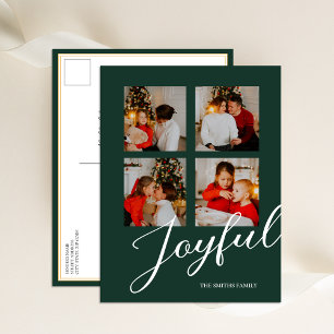 Joyful Modern Minimalist Green Script 4 Photo Holiday Postcard