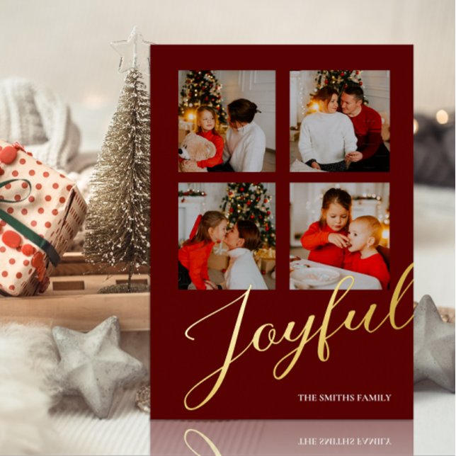 Joyful Modern Minimalist Red Gold Script Photo Foil Holiday Card (Creator Uploaded)